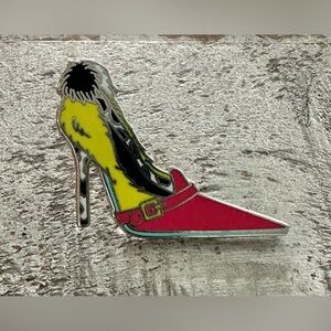 Disney Pink and Yellow High Heel Shoe Pin. Cruella inspired.